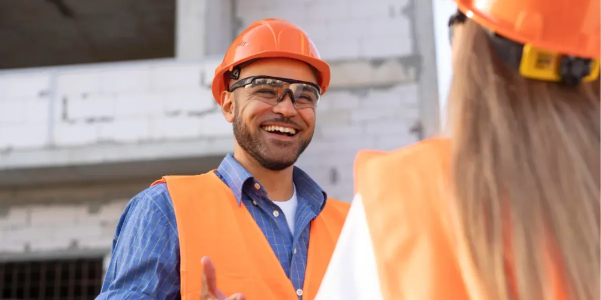 A man and a woman are shaking hands on a construction site.
