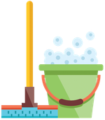 a mop and bucket with soap bubbles on a white background .