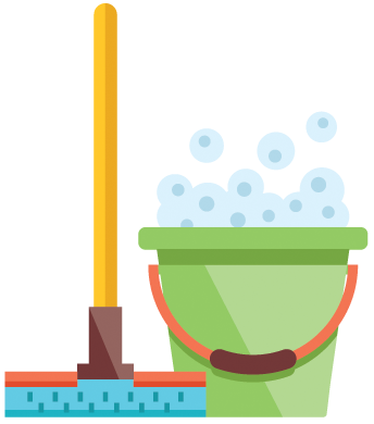 a mop and bucket with soap bubbles on a white background .