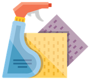 a spray bottle and sponges are shown in a flat style .