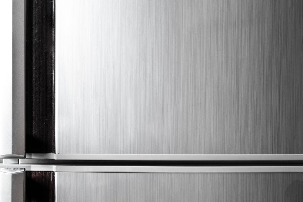 Brushed Stainless Steel Refrigerator Door With Dark Frame And Horizontal Silver Bar  — Ace Fridge Door Seals in Cooktown, QLD