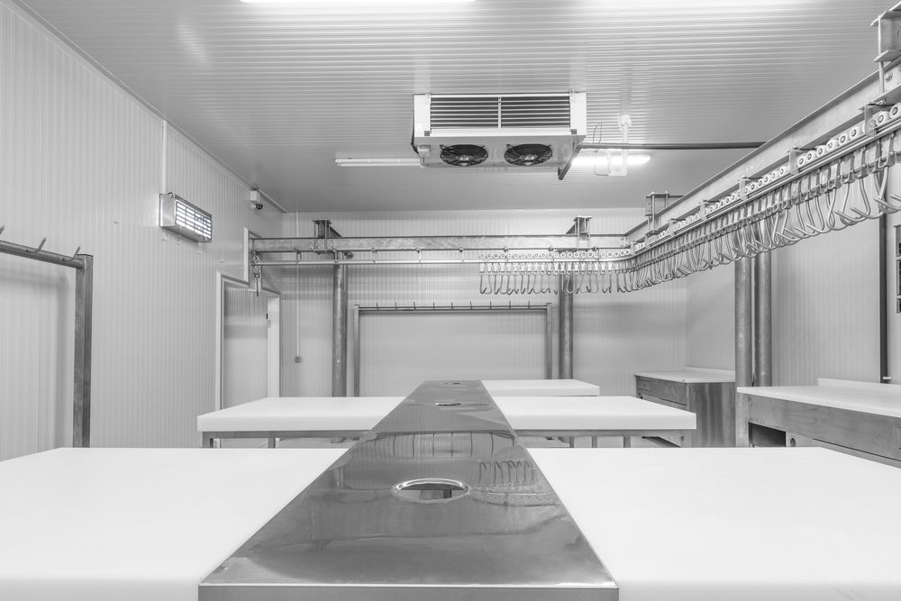 Meat Processing Room, White Walls, Stainless Steel Tables And Hanging Racks — Ace Fridge Door Seals in Cooktown, QLD