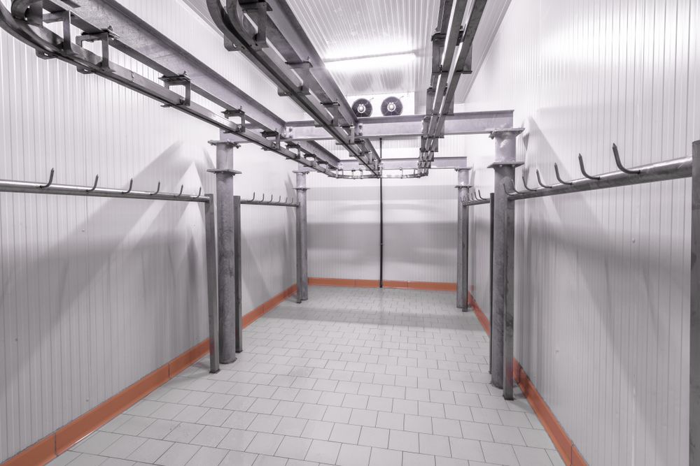 Meat Processing Room, White Walls, Metal Racks With Hooks — Ace Fridge Door Seals in Smithfield, QLD