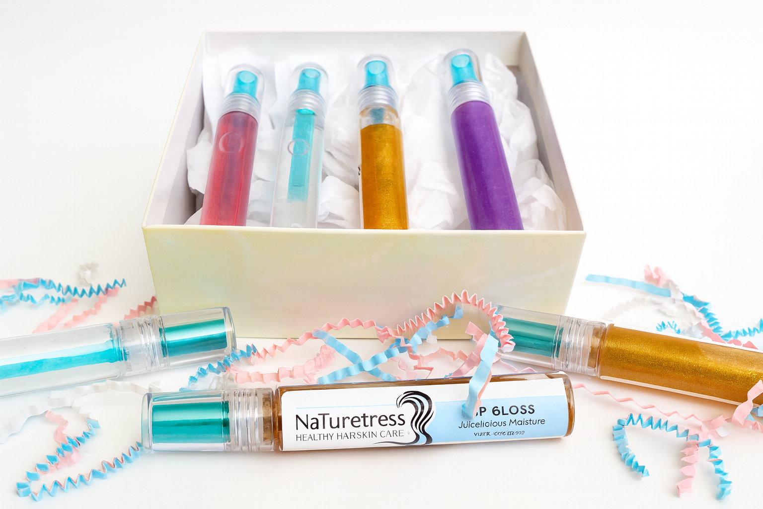 Lip gloss bottles in a box with festive ribbon.