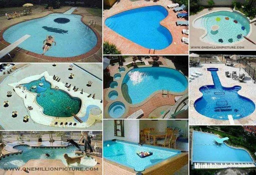 Collection of swimming pools with unique shapes: guitar, heart, artist's palette, dinosaur, abstract, pool table, piano.