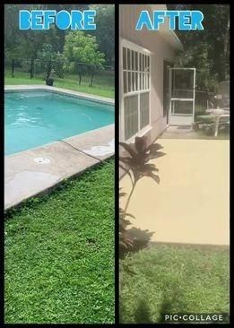 Side-by-side comparison: Before shows pool and grass, after shows painted patio and building.