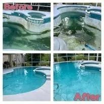 Before and after of a pool cleaning: murky water transforming to clean, blue water.