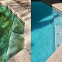 A before-and-after of a pool: one green and dirty, the other clean and blue.