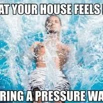 Man in a pool, pressure washer spray effect around him, text reads, 