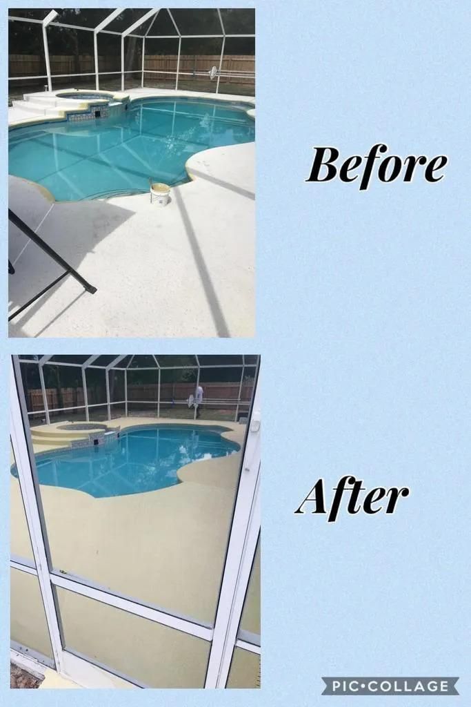 Comparison of a swimming pool before and after resurfacing, showing the pool and surrounding deck.