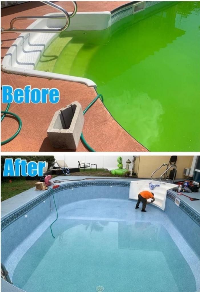 Before-and-after of a pool: green water versus clean, blue water. A worker is in the pool during the after.