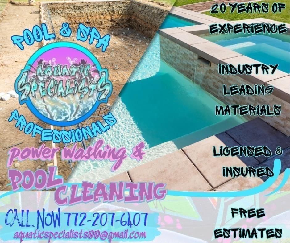 Advertisement for Aquatic Specialists pool services featuring a pool photo, text: 