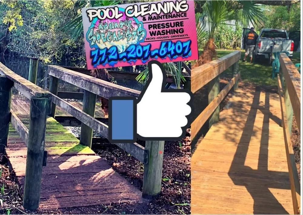 A before-and-after of a wooden bridge; the right side is newly cleaned. Sign advertises pool cleaning services.
