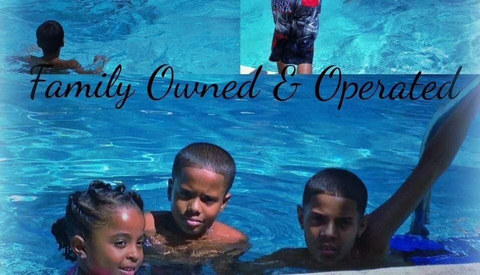 Family in a pool: four children swimming. Text: Family Owned & Operated. 