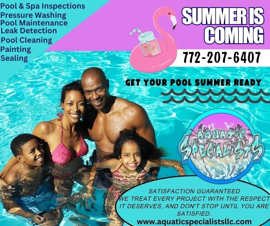 Family in a pool, promoting pool services.