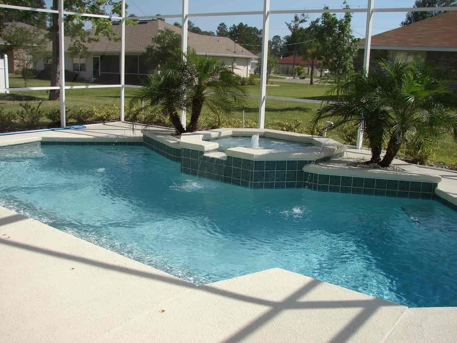 Swimming pool with attached spa and small palm trees; bright blue water, sunny day.
