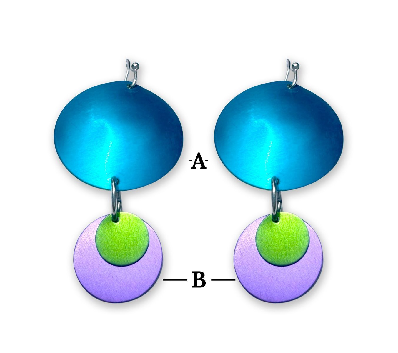 Close-up of a person's ear wearing blue and purple spherical earrings. A beaded necklace and a patterned teal top are also visible.