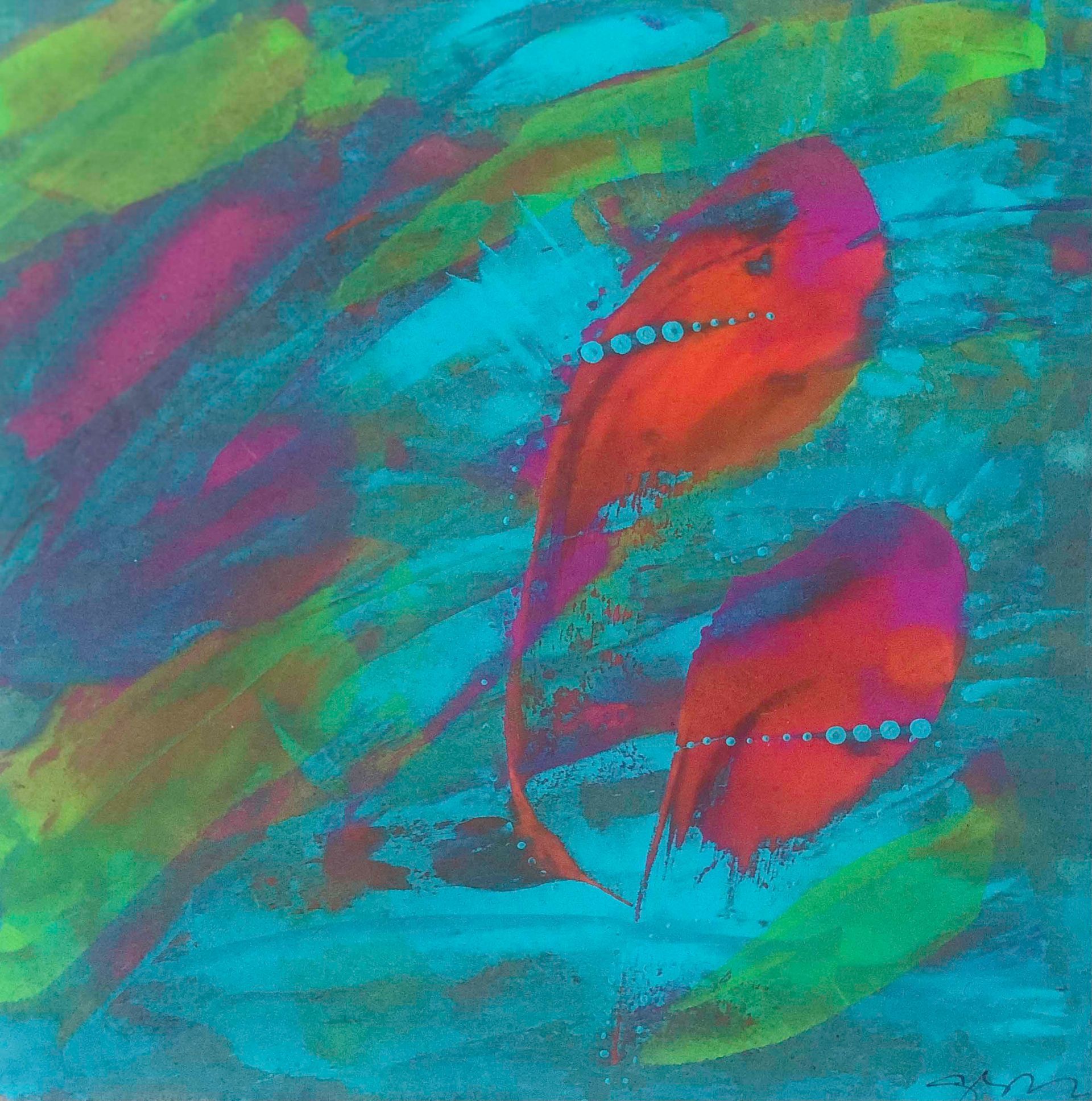 Abstract-patterned scarf draped over a black mannequin, featuring blue, red, and green brushstrokes.