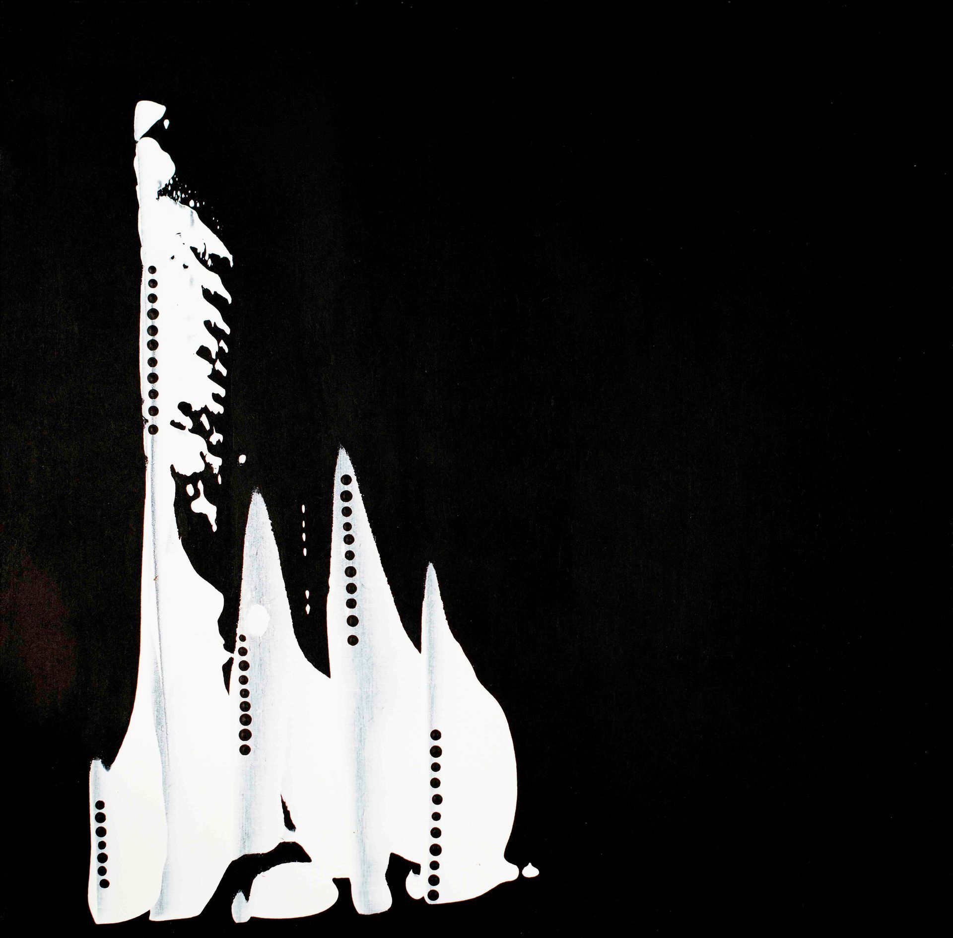 Black and white cape displayed on a dress form, with white accent details on the shoulders.