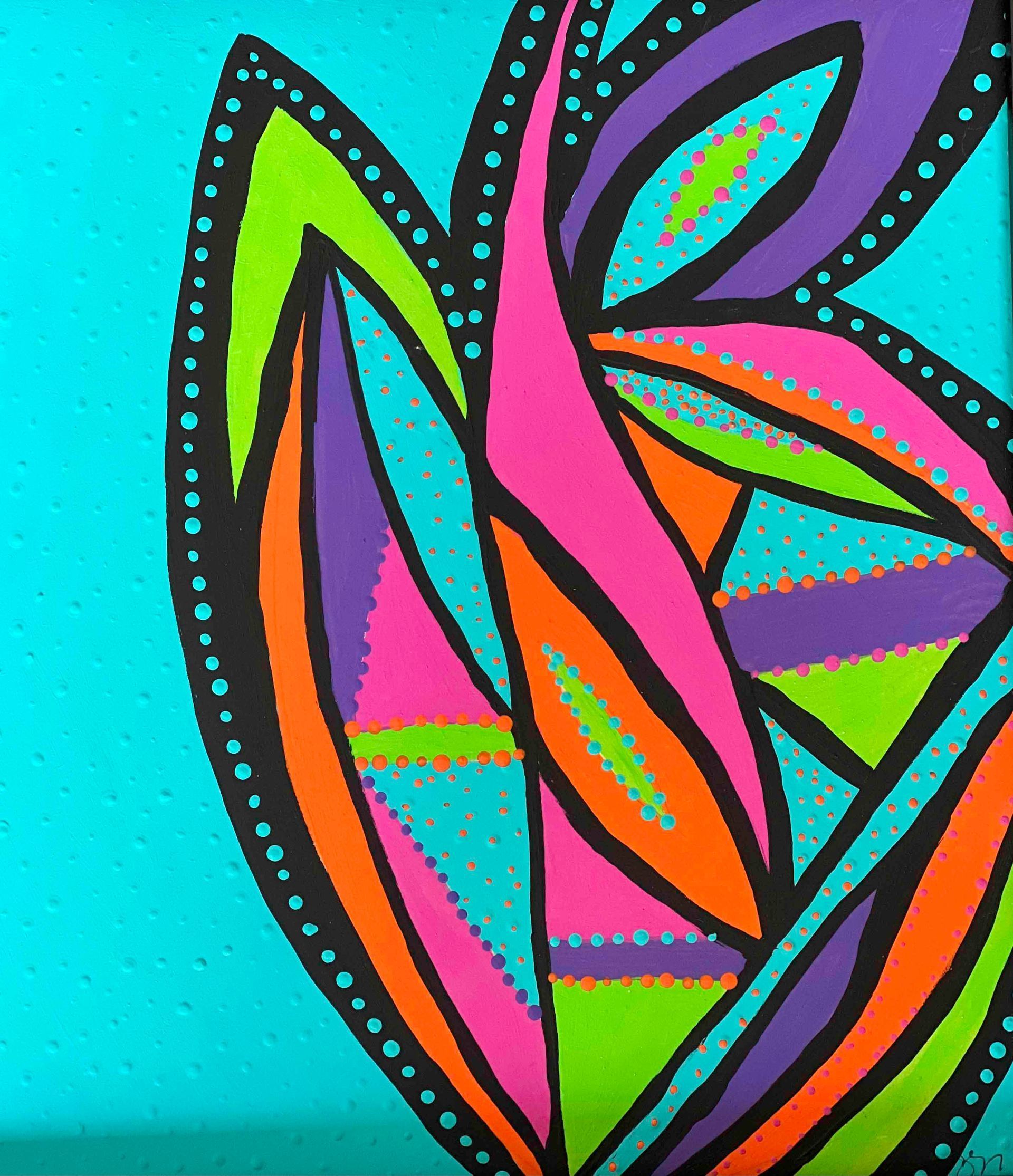 Light blue cropped poncho with a colorful abstract design on a black mannequin.