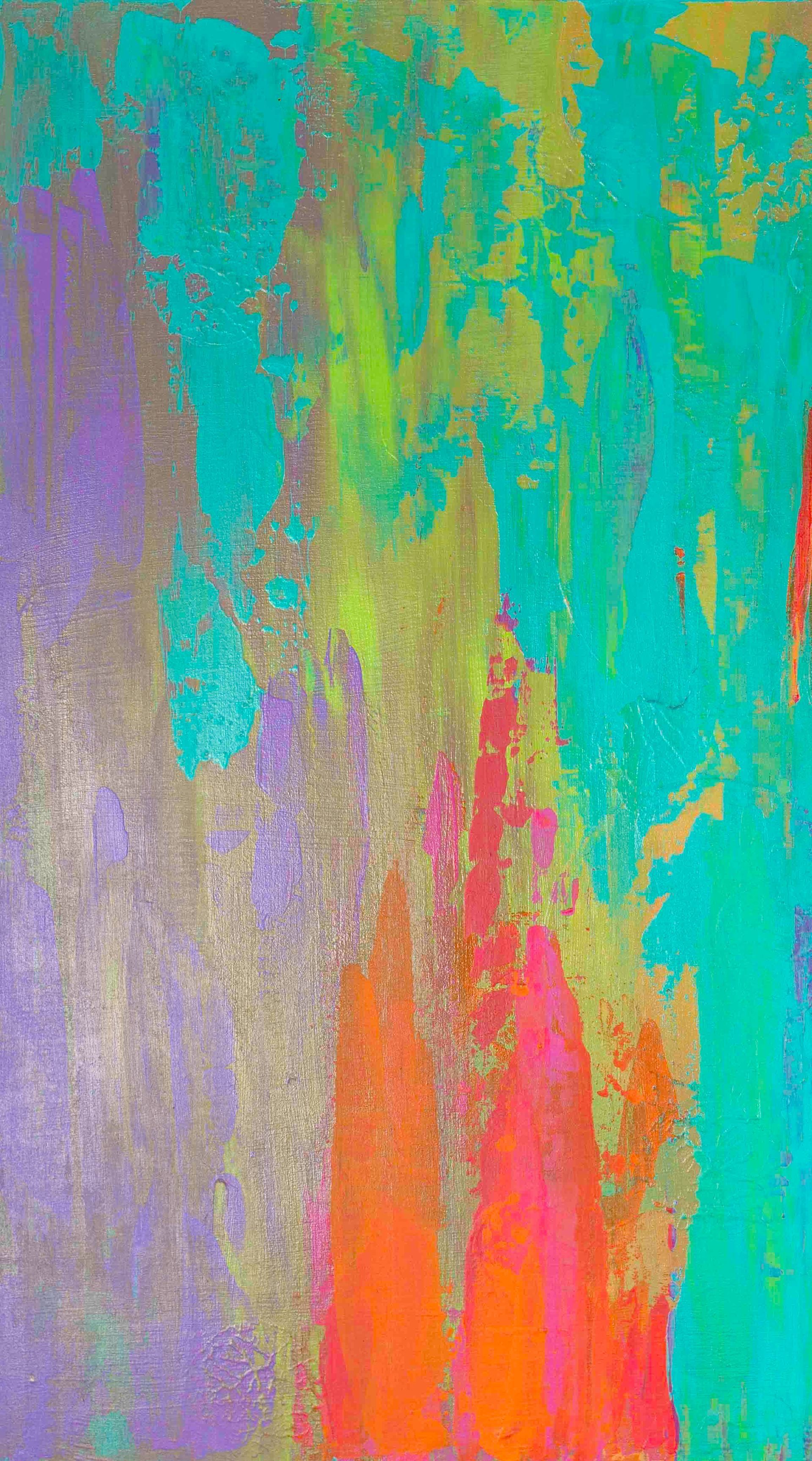 Colorful abstract print silk scarf draped over a black mannequin.