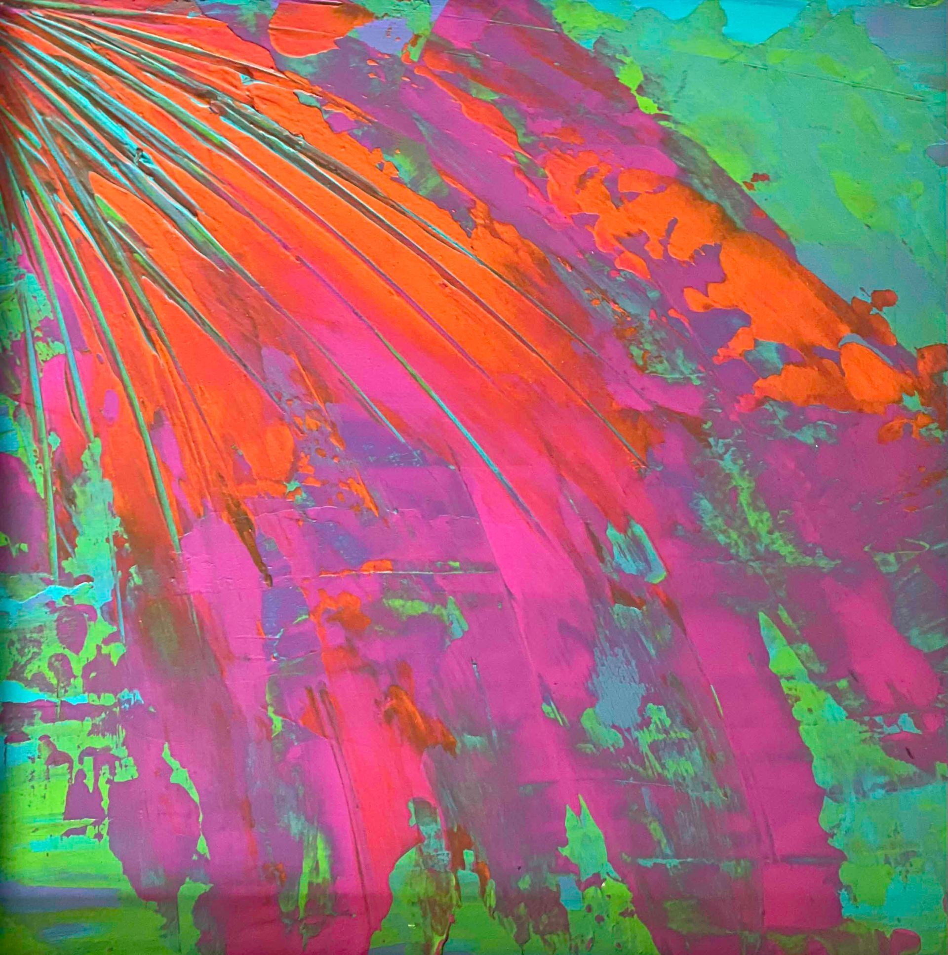 Crop top on a black mannequin, colorful abstract design with red, pink, purple, and green hues.