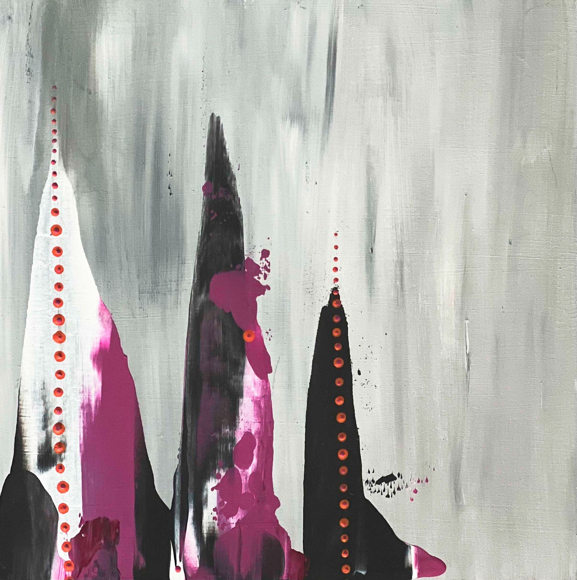 Abstract-print scarf draped over a black mannequin. It features shades of white, pink, purple, and black.