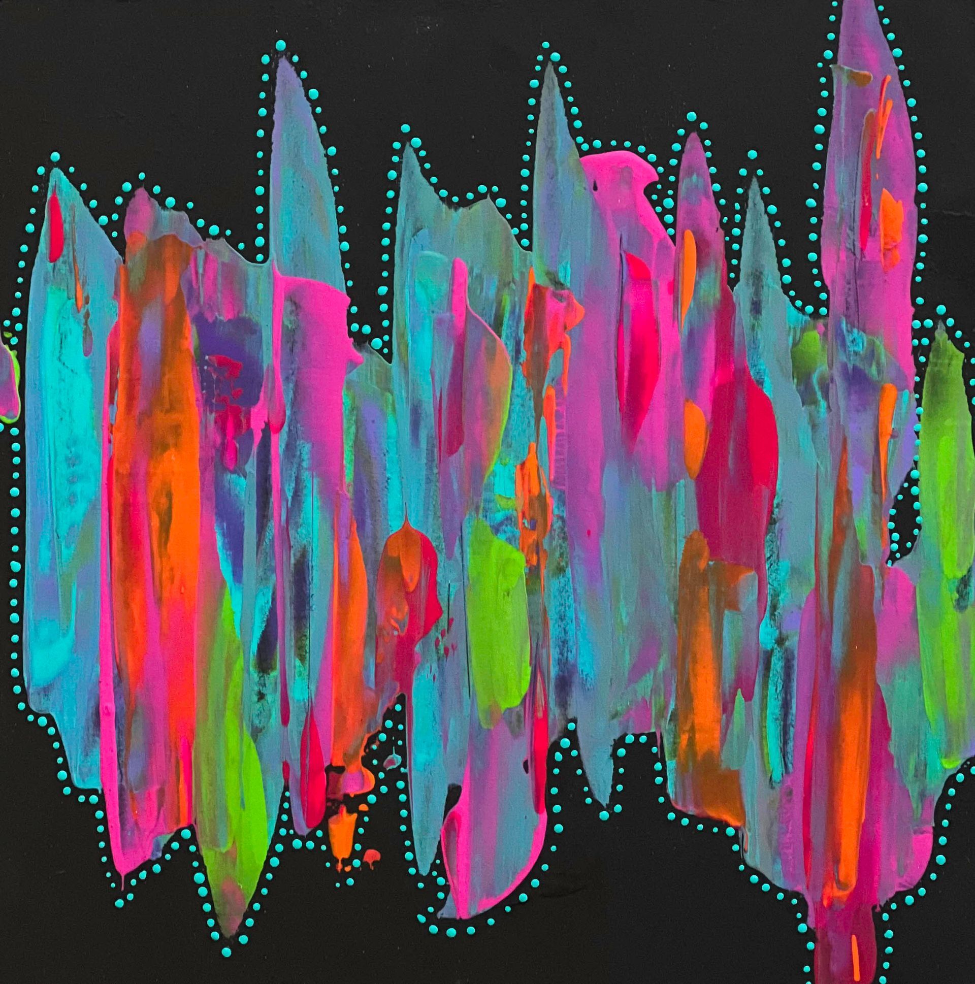 Colorful, abstract silk scarf draped on a black mannequin. Bright brushstrokes, black background, and small white embellishments.