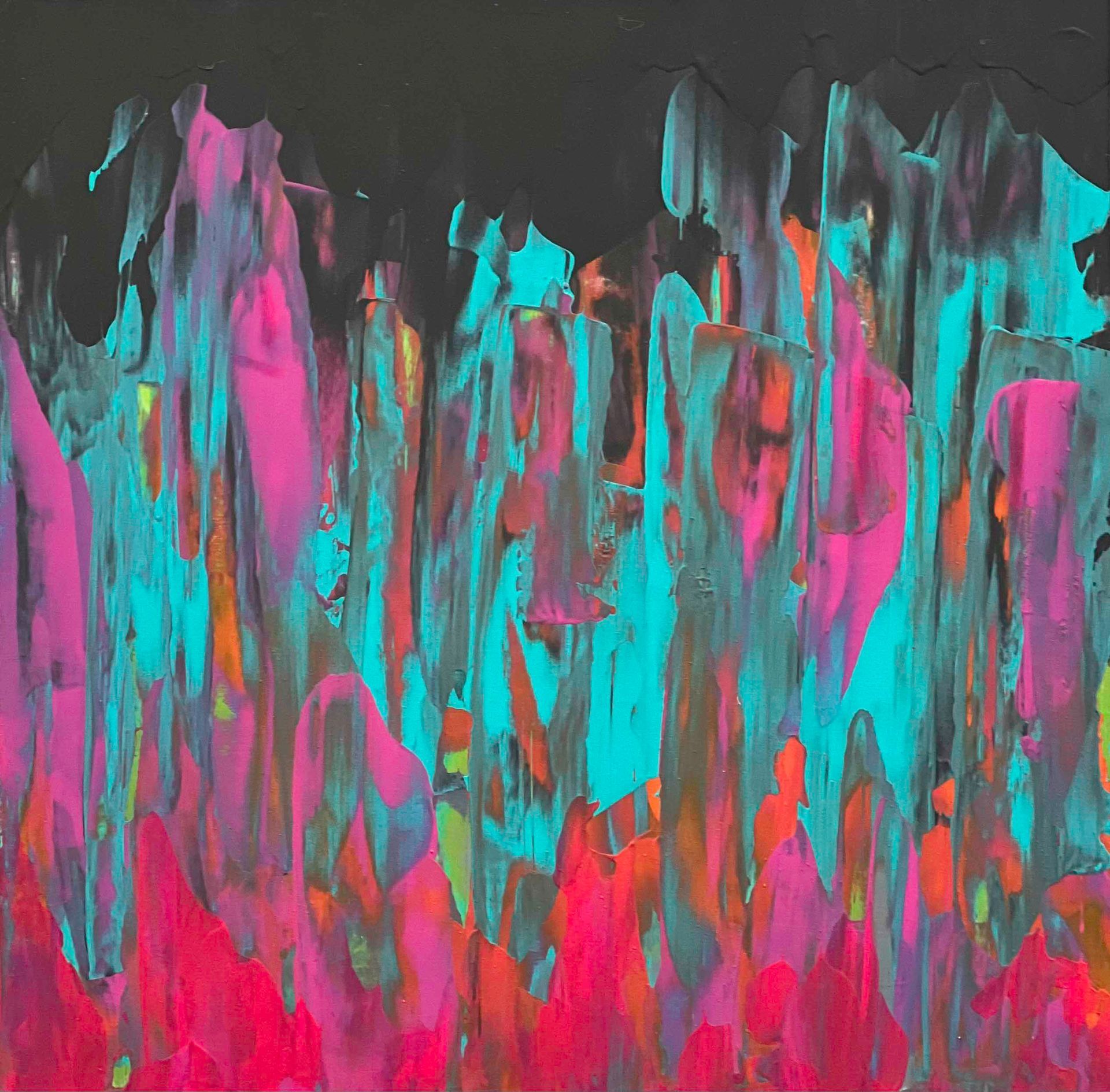 Abstract-patterned scarf draped over a black mannequin. Colors include pink, blue, and black.