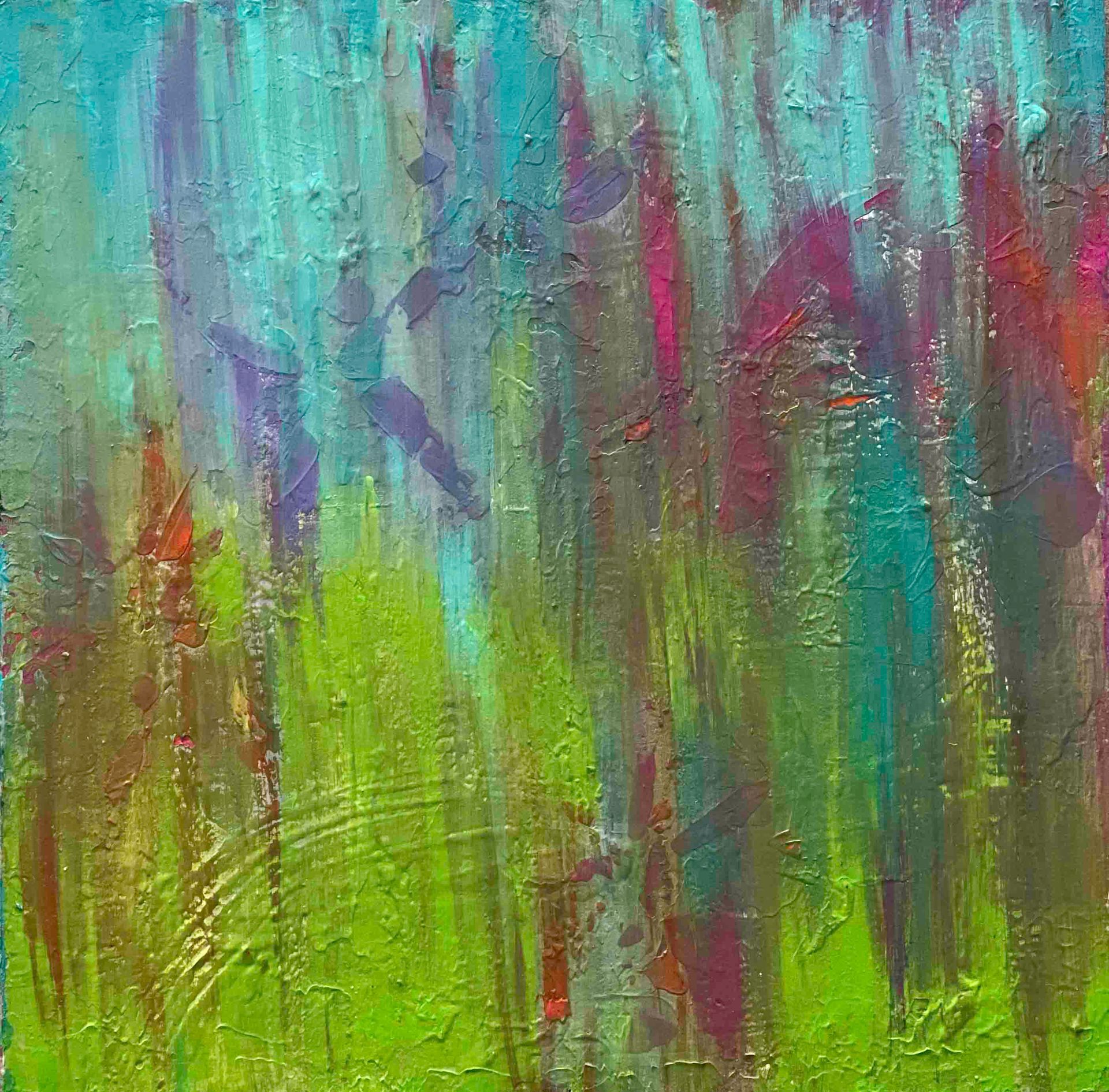 Abstract painting with vertical brushstrokes in shades of green, blue, purple, and red.