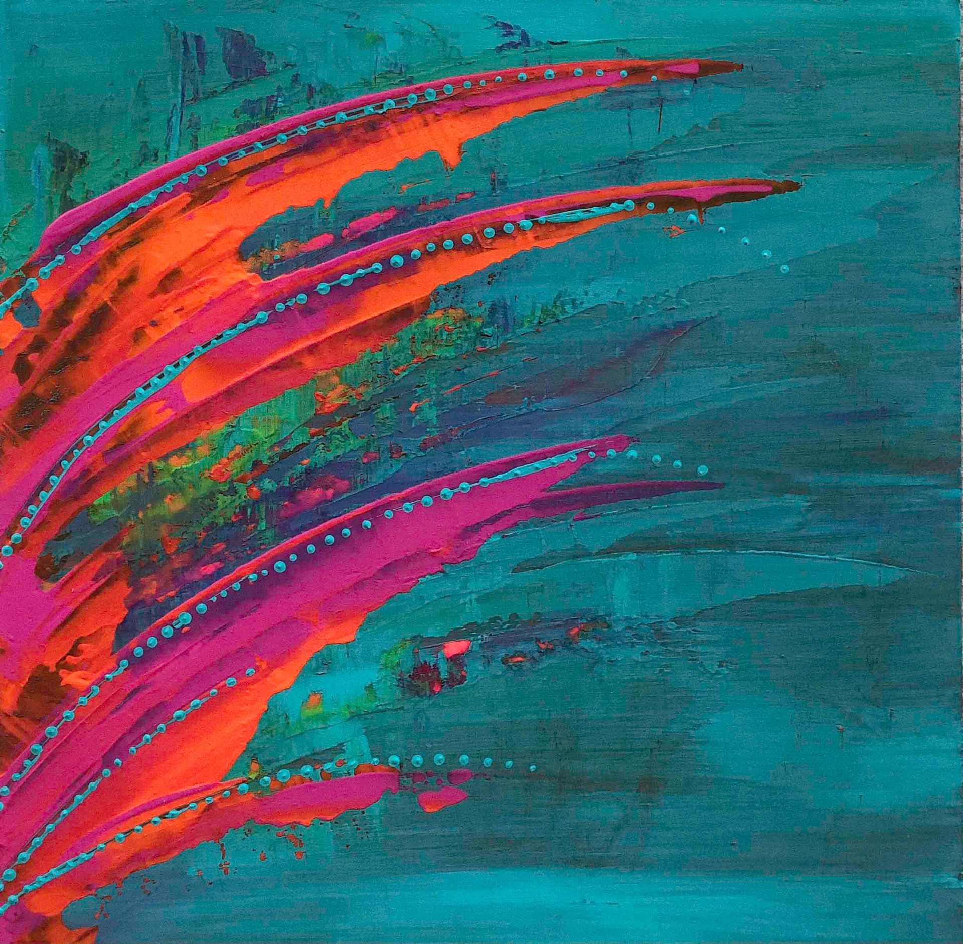 Abstract art scarf on black mannequin, teal, pink, and red hues.