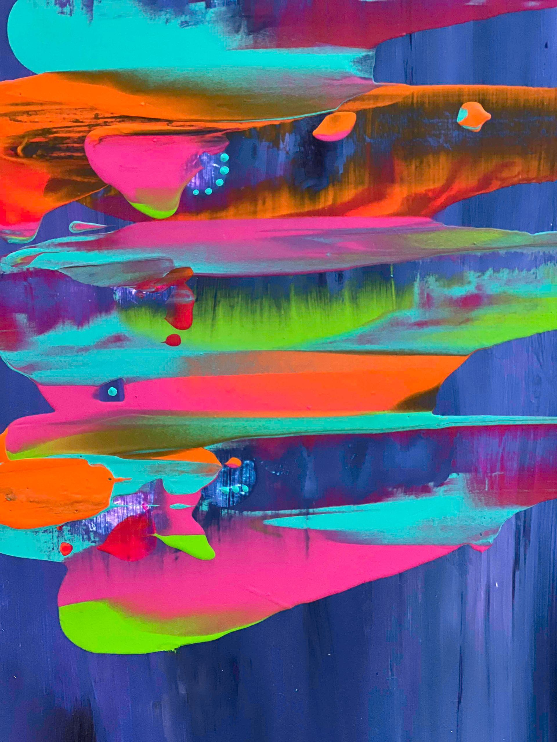 Abstract art with layers of neon pink, orange, green, and turquoise strokes on a dark blue background.