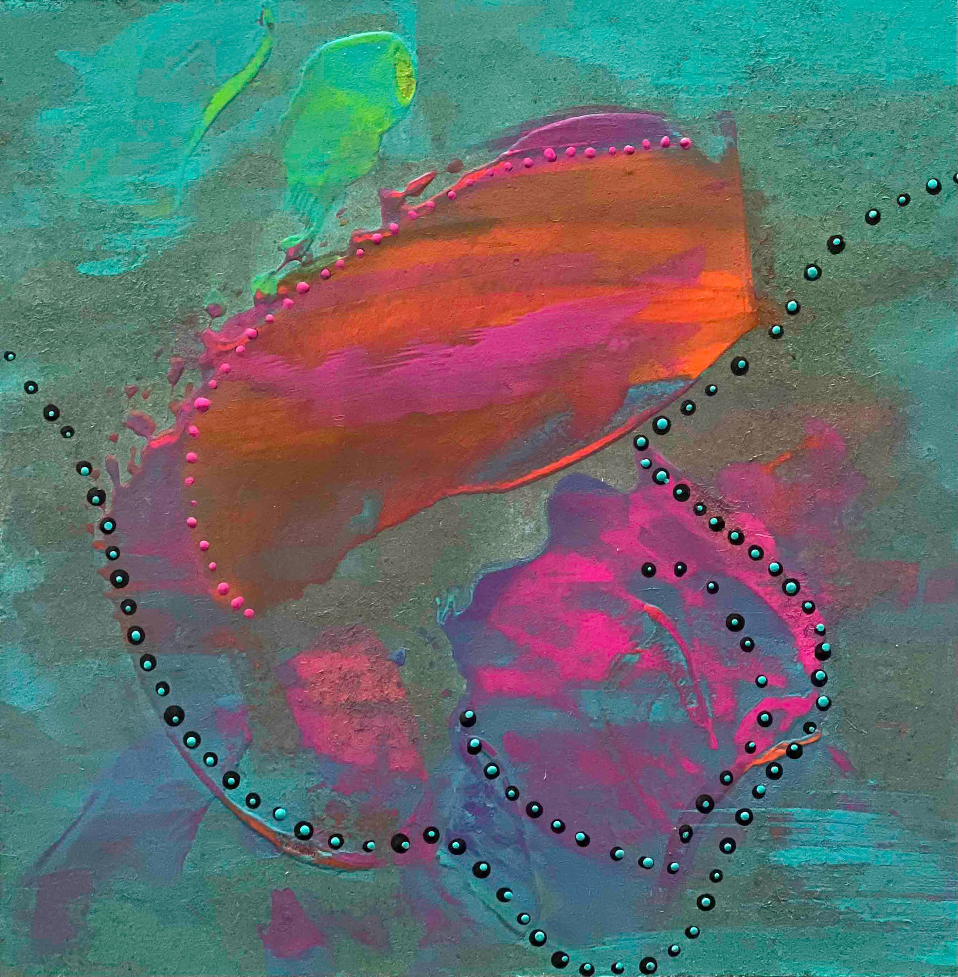 Abstract-patterned scarf draped on a mannequin, with pink, orange, and blue watercolor-like swashes.