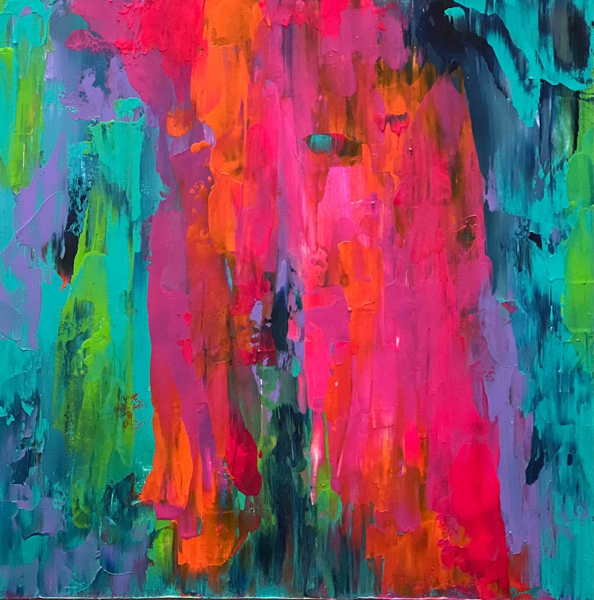 Colorful silk scarf draped over a black mannequin, with bold strokes of pink, blue, yellow, and orange.