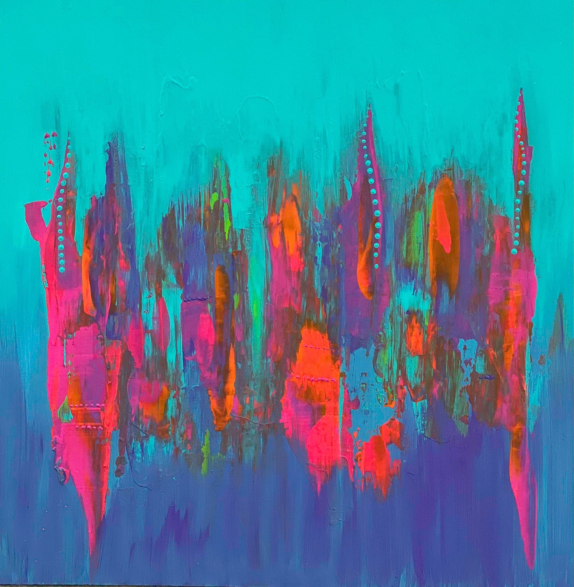 Blue, pink, and turquoise abstract patterned silk scarf draped over a black mannequin.