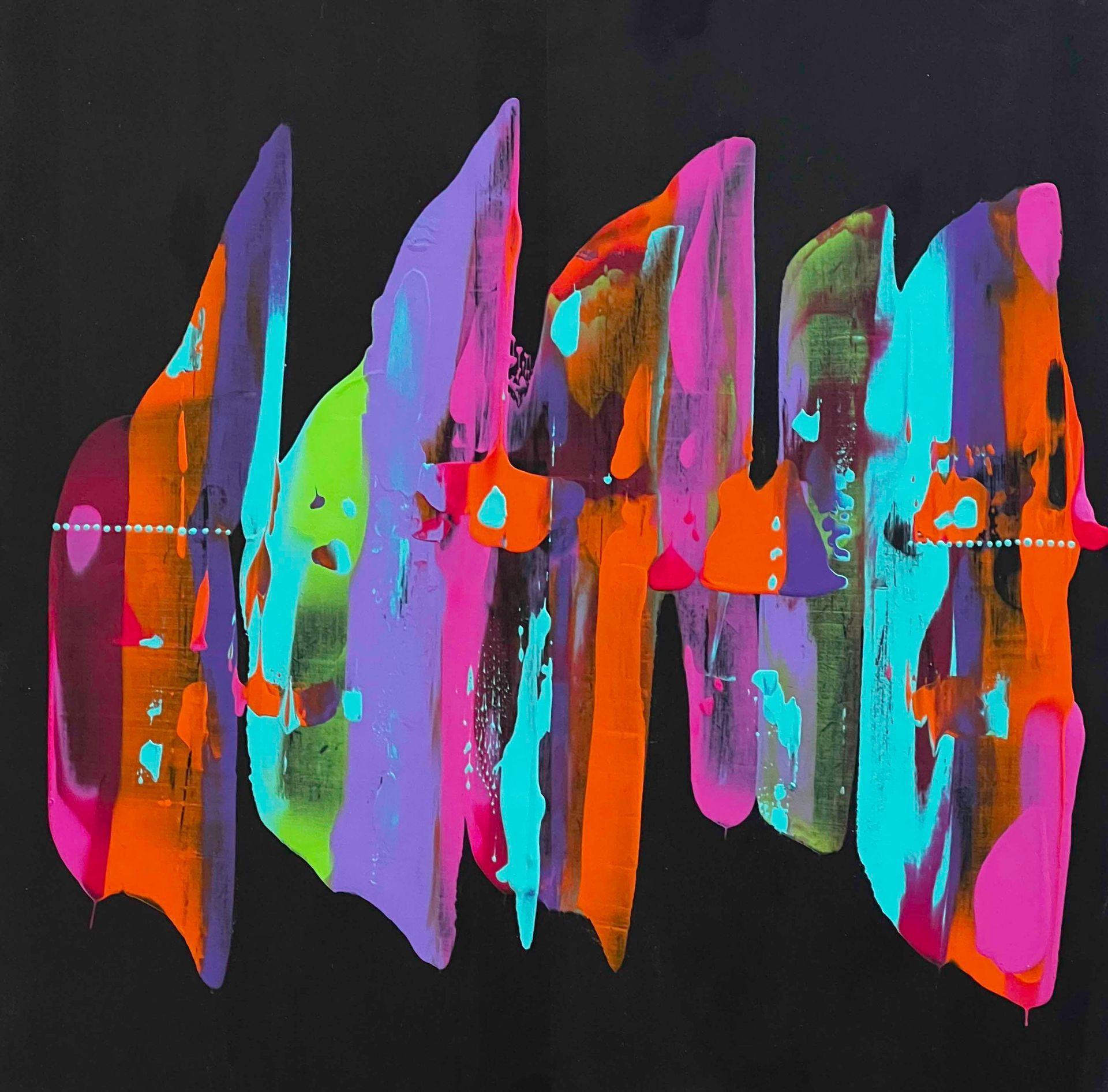 Black scarf with colorful, abstract brushstroke design draped on a mannequin.