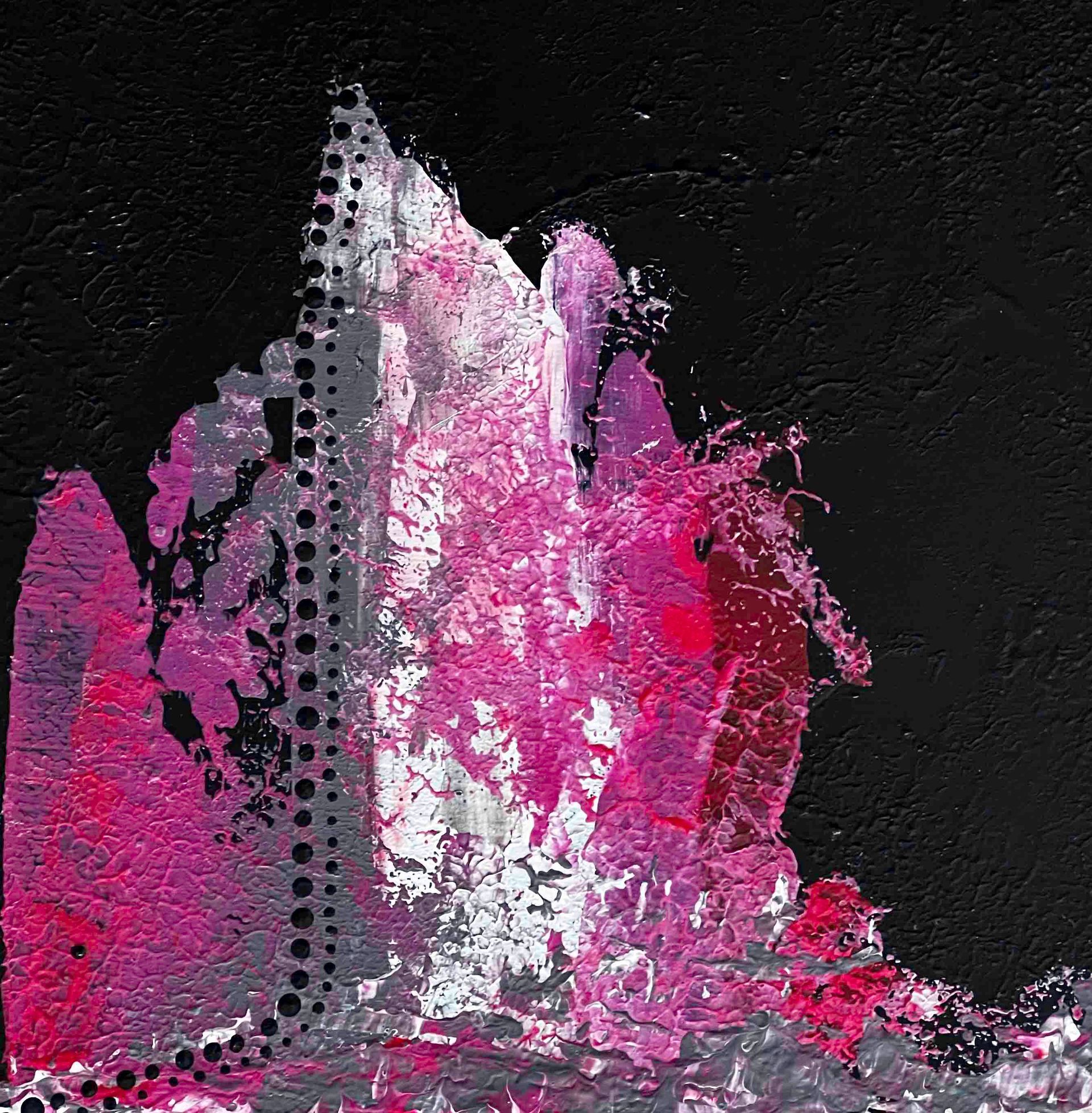 Pink, black, and gray patterned silk scarf draped on a mannequin, with bold abstract design.