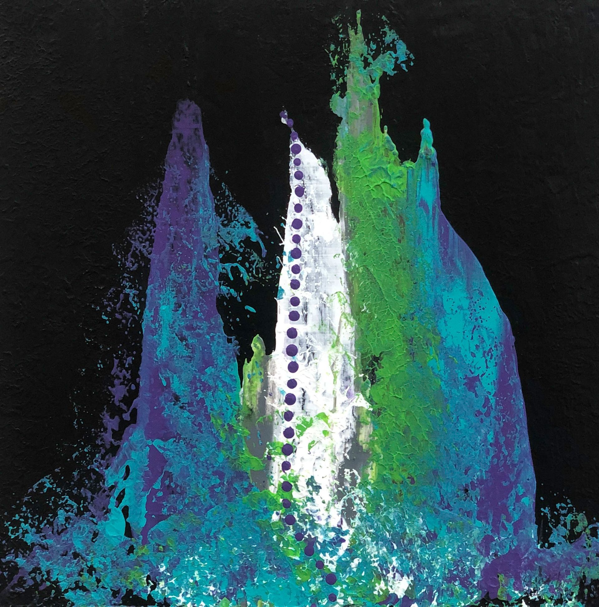 Black mannequin wearing a scarf with blue, green, and white brushstrokes.