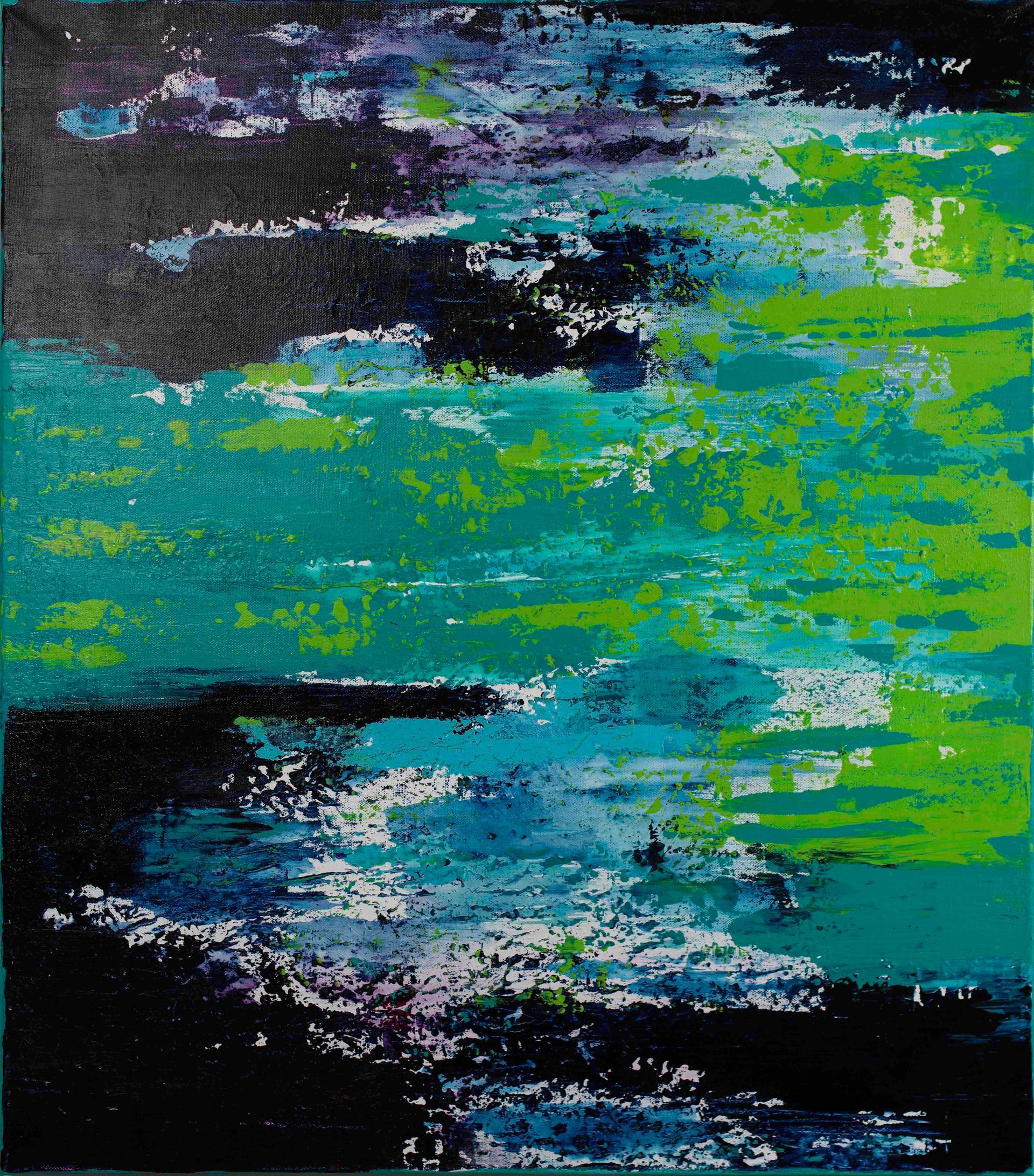 Blue, black, and green patterned scarf draped over a black mannequin.