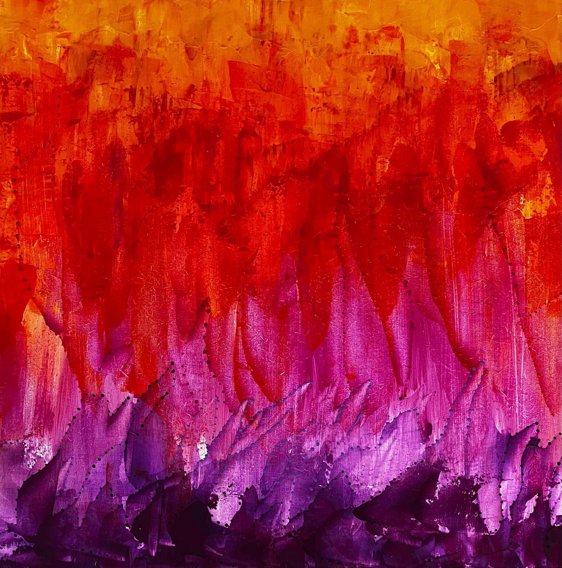 Bright red and purple silk scarf draped on a black mannequin, with a painted, abstract design.