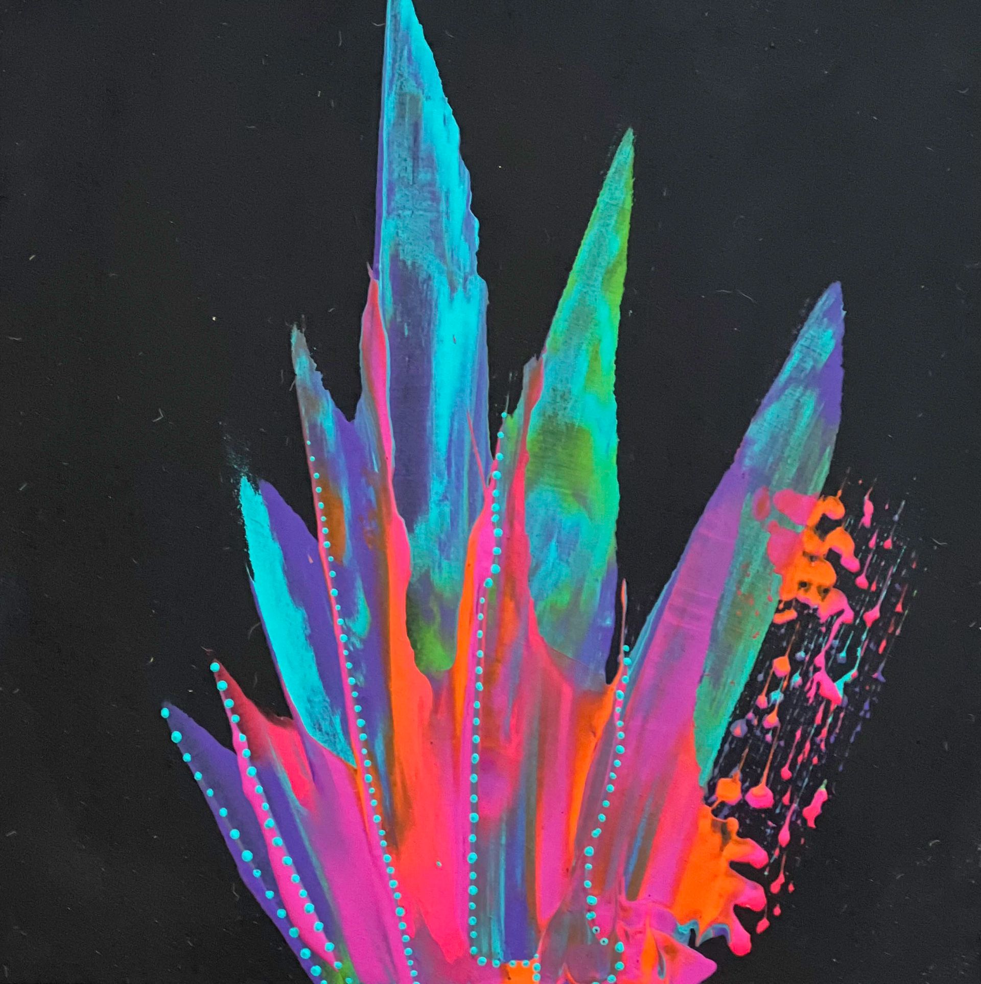 Abstract artwork with neon colors on black background; burst of colors resembling a stylized plant.
