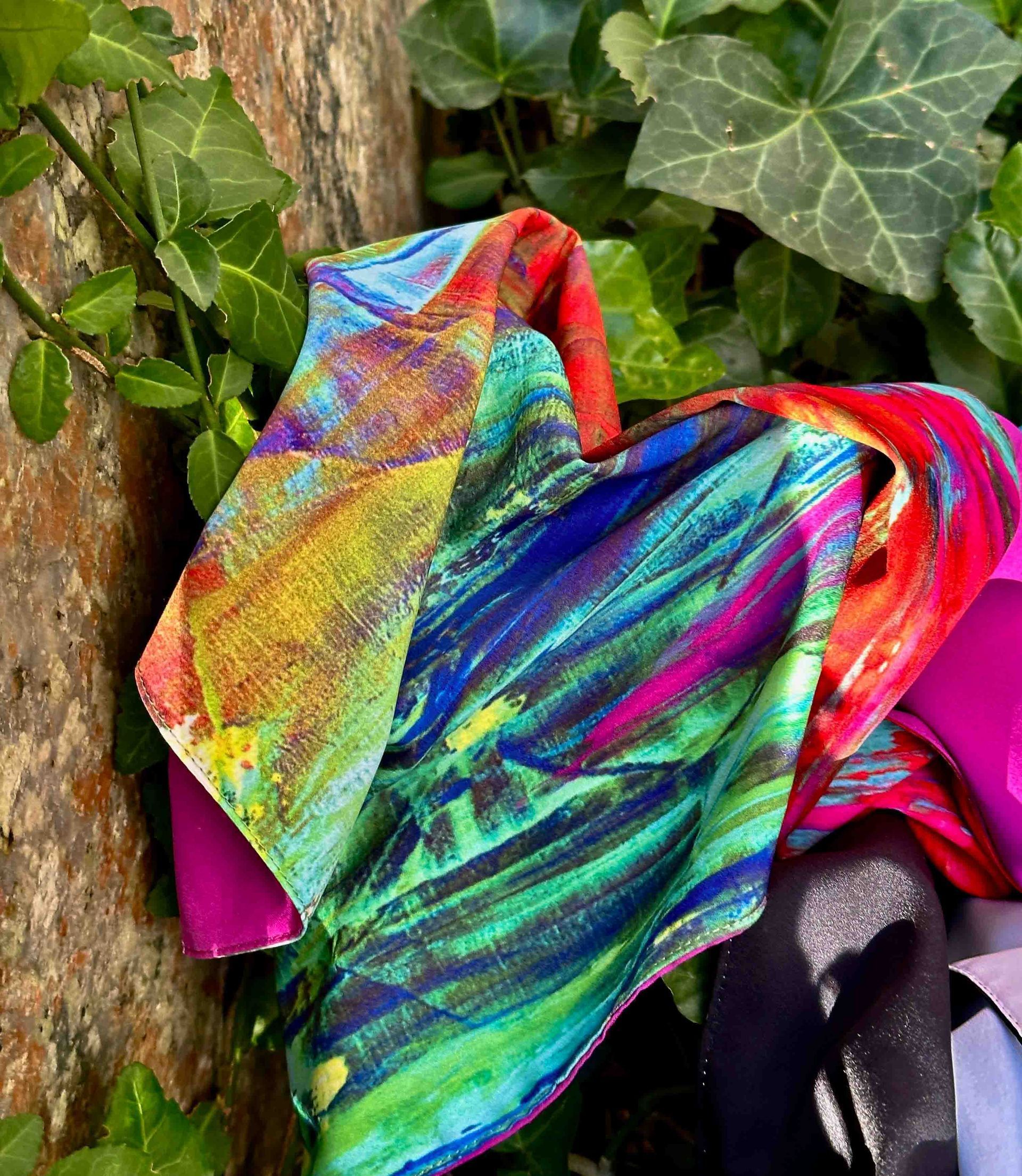 Colorful silk scarf draped over a wall with green ivy. Blues, greens, yellows, and pinks blend in the fabric.