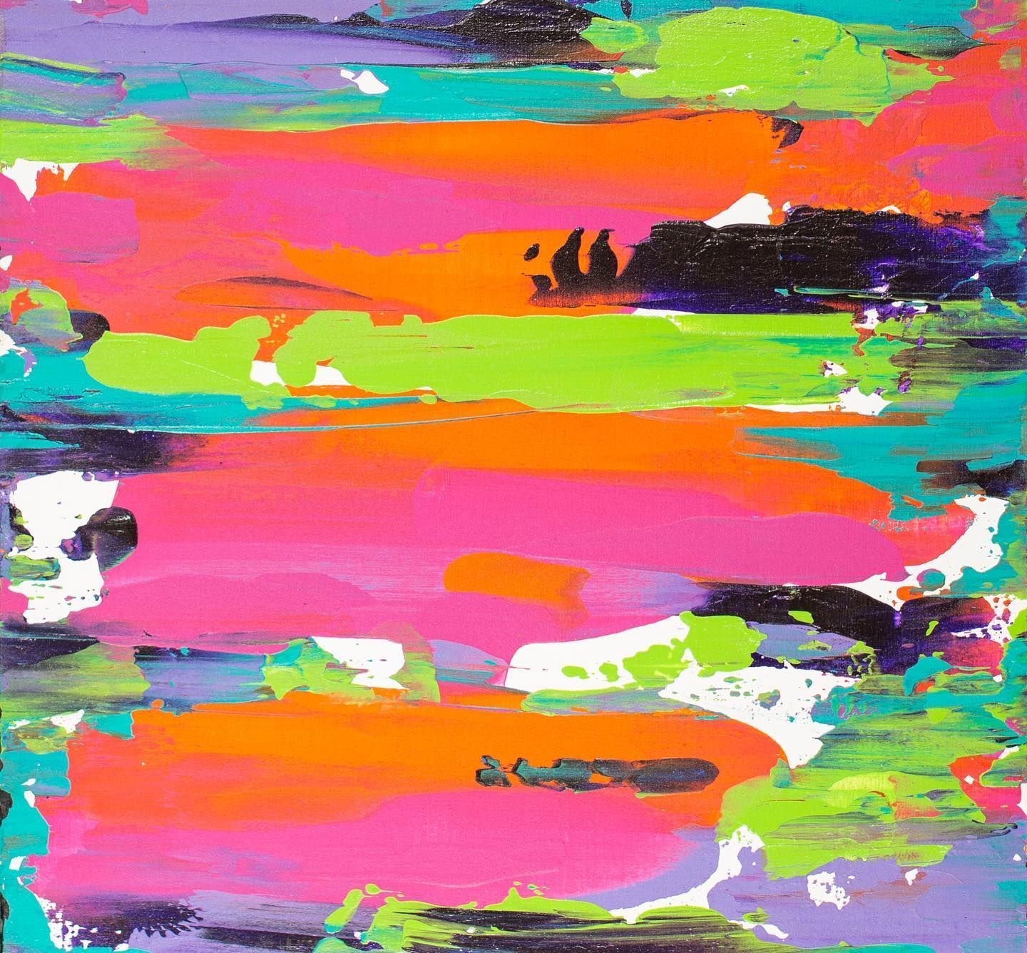 Abstract art with horizontal brushstrokes in bright colors: pink, orange, green, purple, and black against a white background.