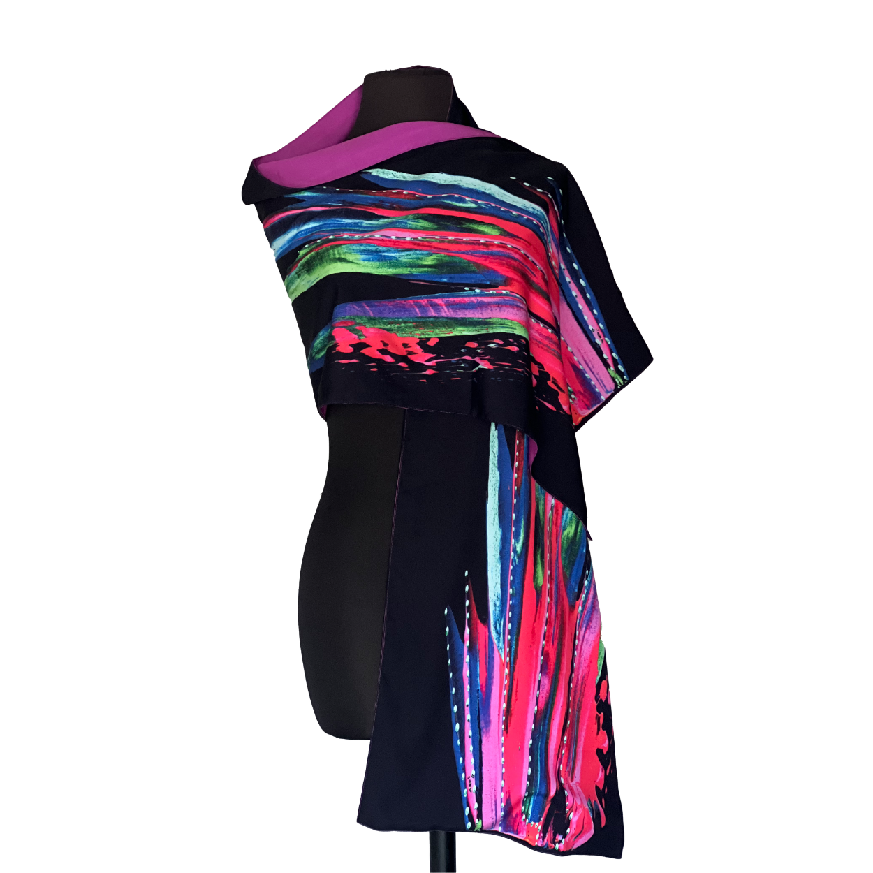Colorful abstract print scarf draped on a mannequin.