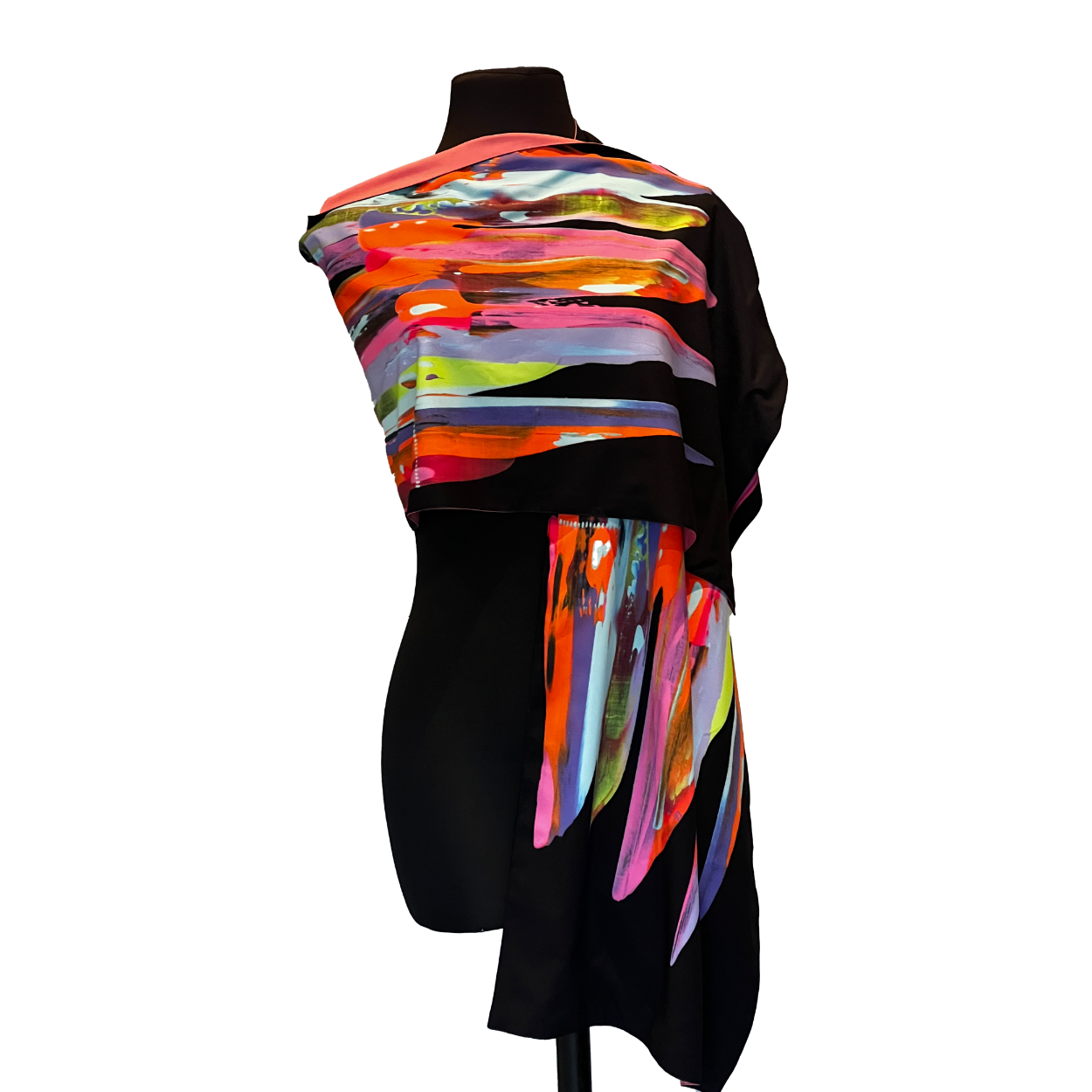 Black scarf with colorful, abstract brushstroke design draped on a mannequin.