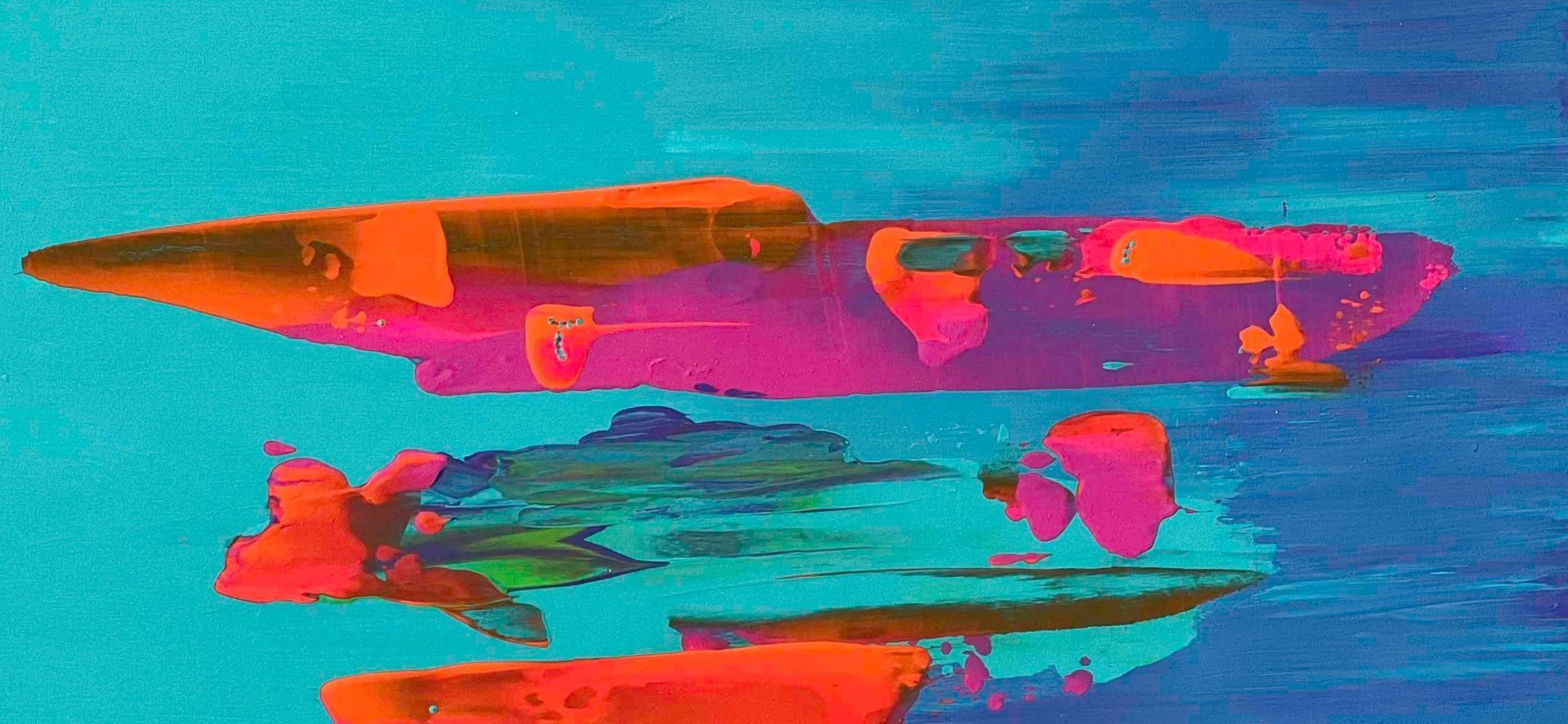 Abstract airplane with pink and orange hues against a blue background.