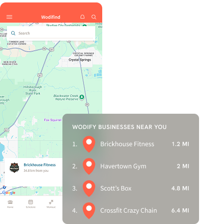 Mobile map app showing nearby Wodify businesses list over a map, with distance markers.