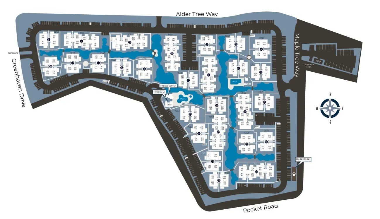 Map of a residential complex with buildings, roads, and pools.