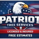 Logo for Patriot Tree Services featuring a bald eagle, American flag background, and text: