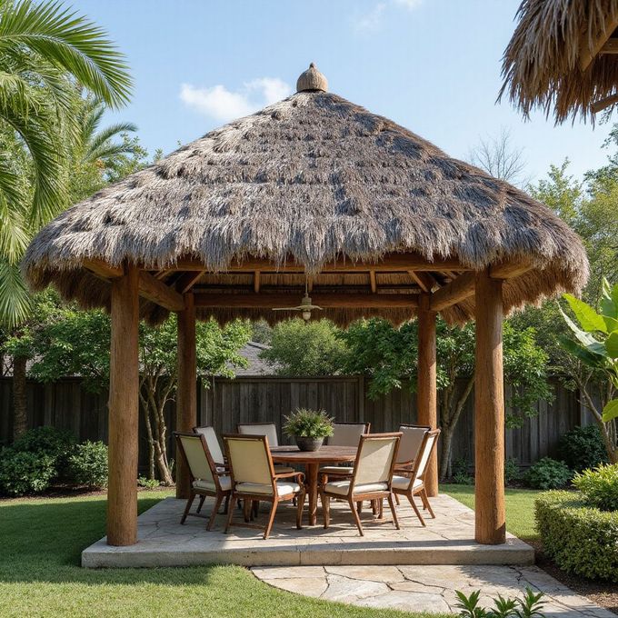 Gazebo with thatched roof, wooden beams, round table, and chairs on stone patio in a green yard.